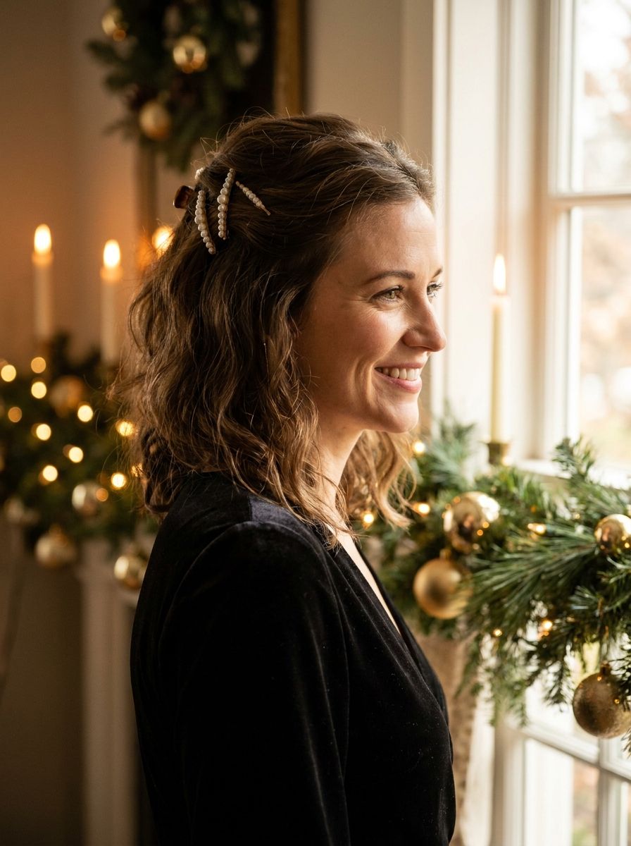 Halboffene Locken mit Perlenclips - Weihnachtsfrisuren